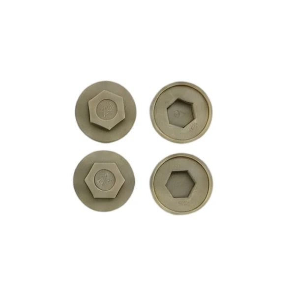 Light brown plastic hex head screw caps shown from top and underside