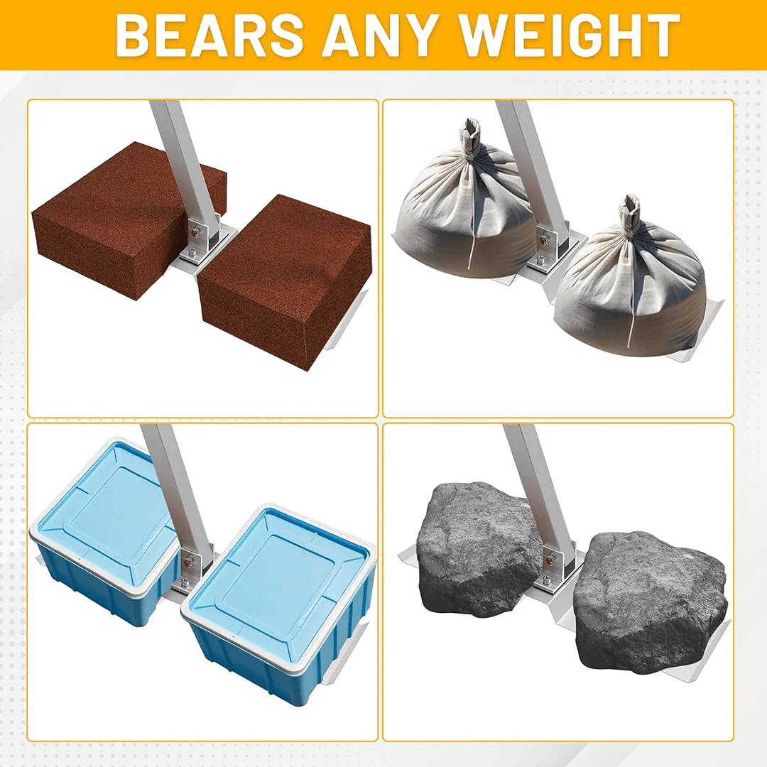 Ballast examples: bricks, sandbags, containers, and rocks on aluminum plates.