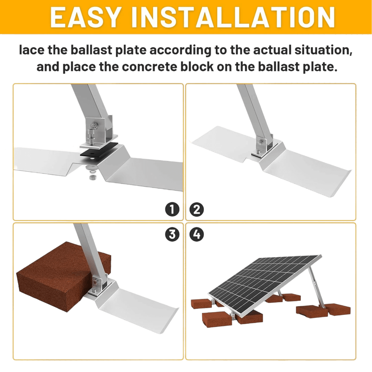 Installation steps: place plates under mount feet and add bricks as ballast for ground solar arrays.