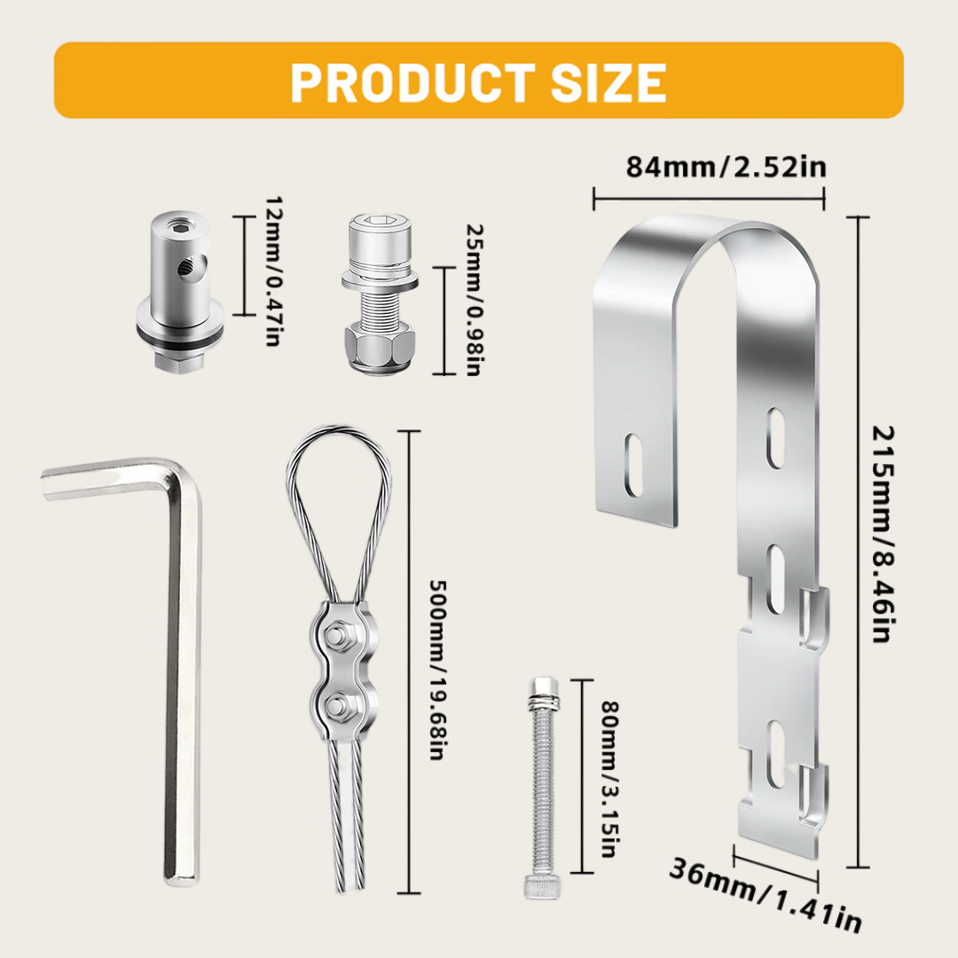 Product size diagram for the stainless steel hook and included hardware, with measurements labeled.