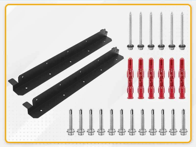 Two black long Z solar brackets with bolts, screws, and anchors