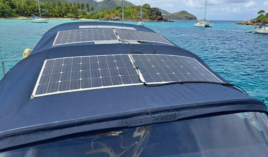 flexible marine solar panels installed on boat canopy for off grid charging