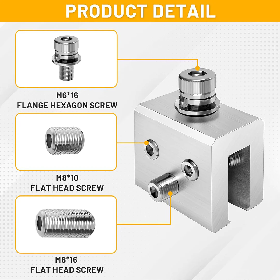 Parts detail diagram labeling the M6 top bolt and the side set-screw hardware on the clamp body.
