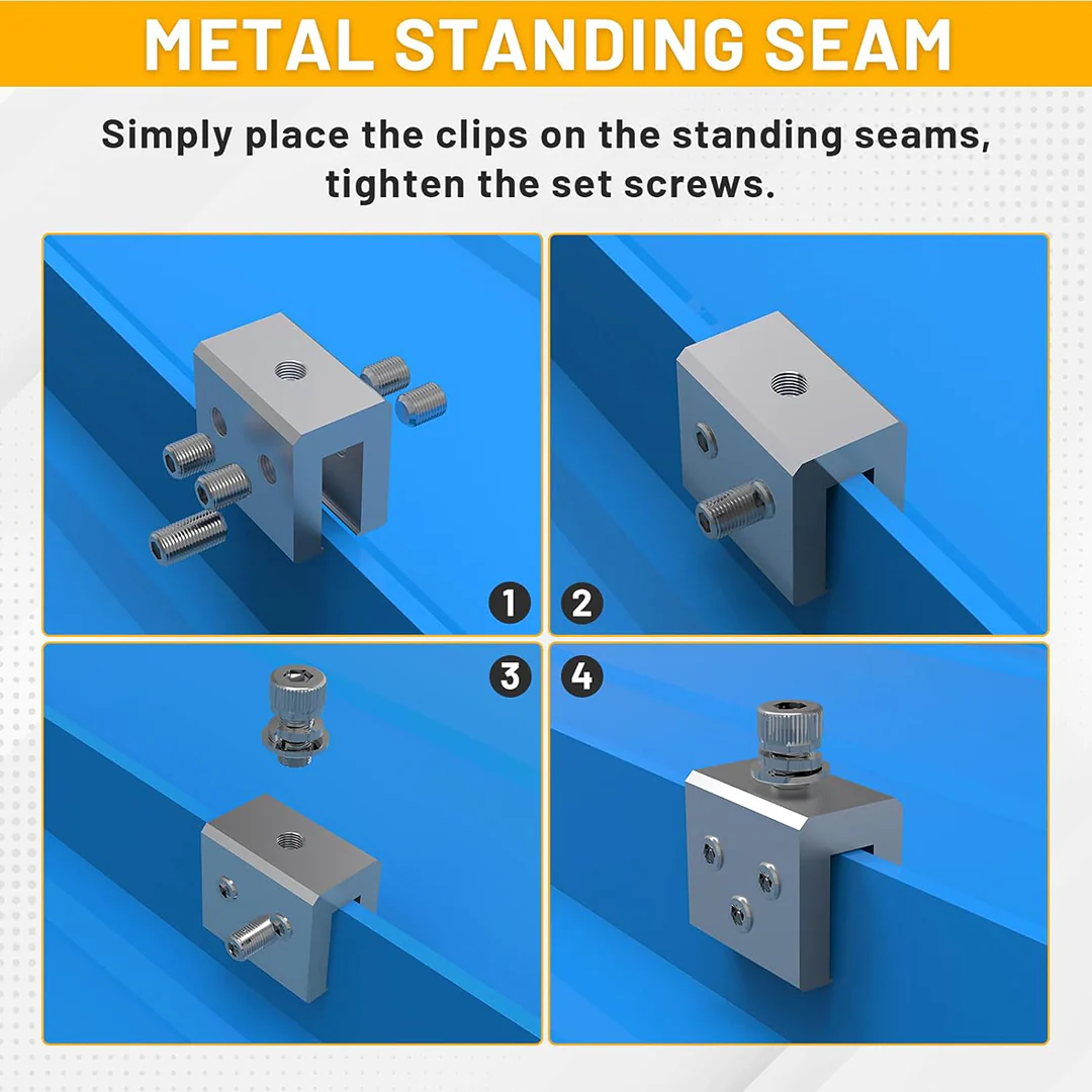 Four-panel instructions for installing the clamp on a metal standing seam and securing the top bolt.