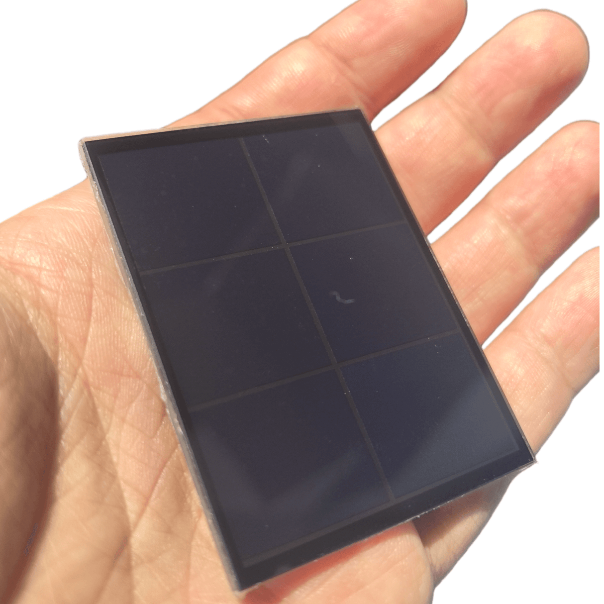 60×45 mm glass mini solar panel shown in hand; 2×3 cell layout.
