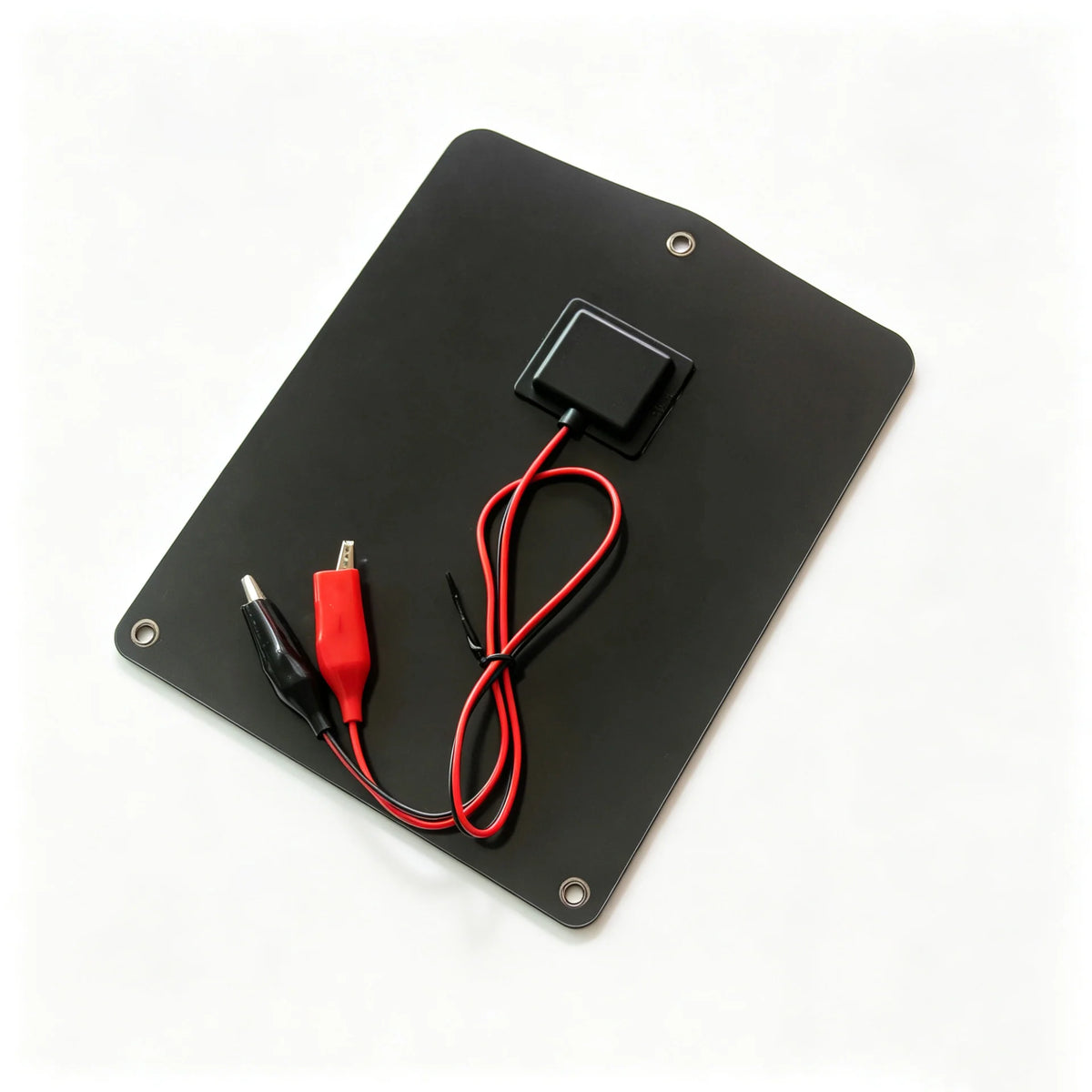 Rear of the 5V panel with connection box and clip leads