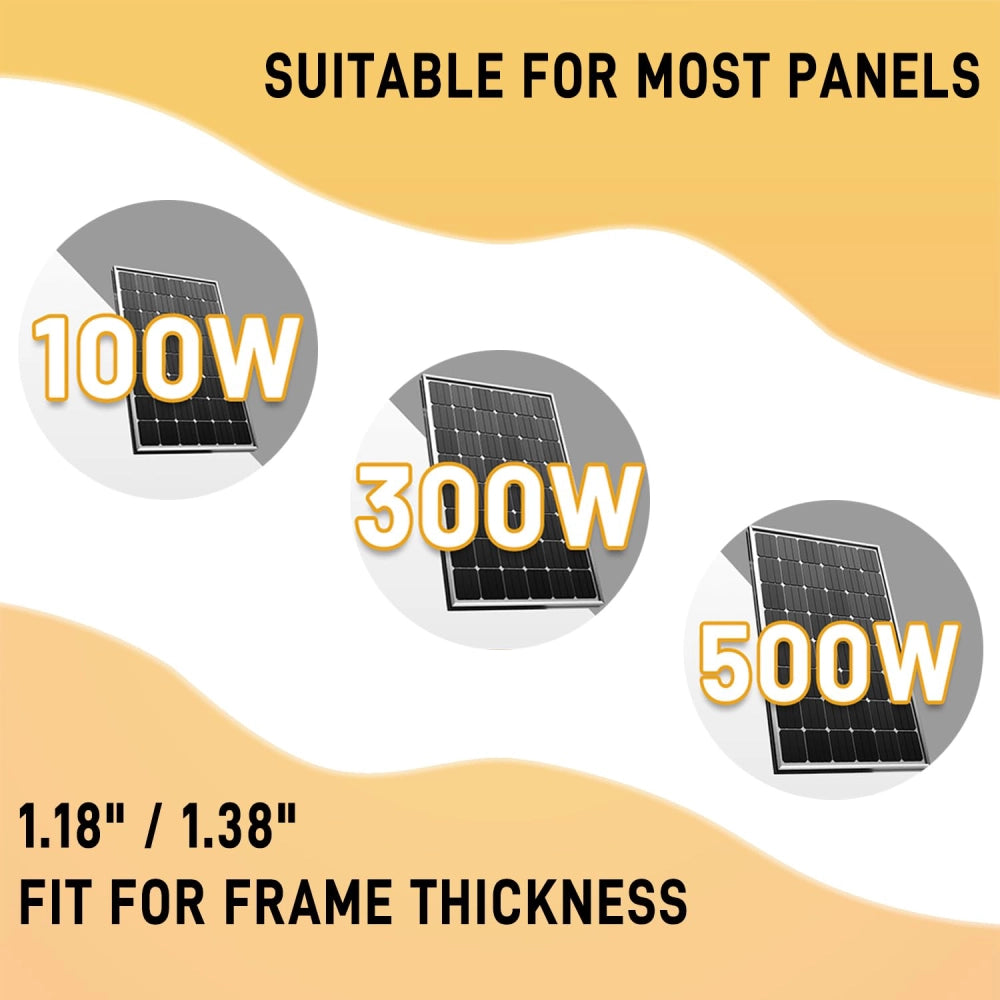 An infographic illustrating that the solar mounting kit is suitable for most panels, including 100W, 300W, and 500W, and fits panel frames with a thickness of 1.18 inches or 1.38 inches