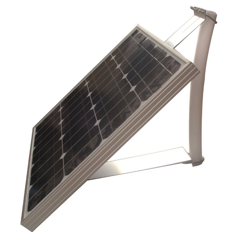 Oblique view of assembled pole mount supporting a framed solar panel.