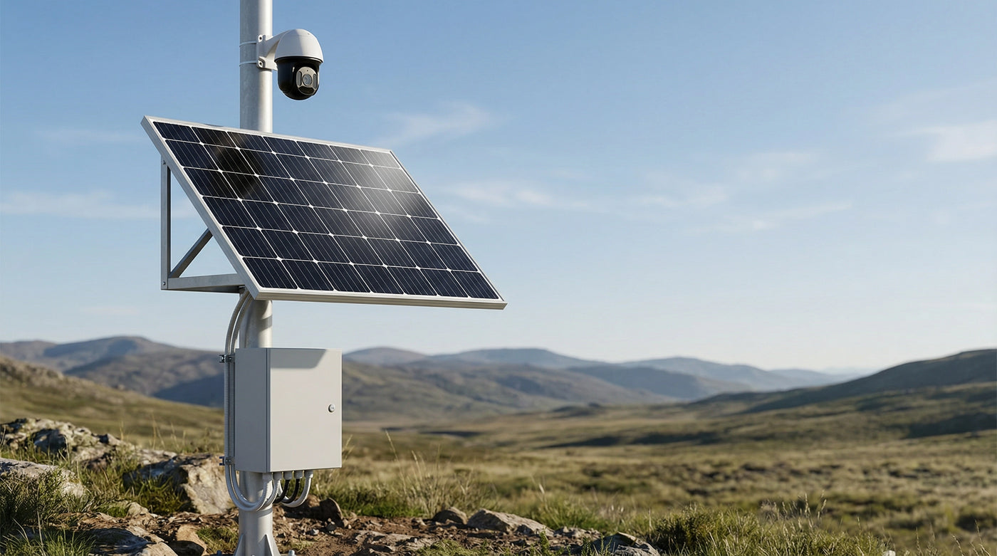 Remote solar power system powering a pole-mounted security camera with a monocrystalline solar panel, triangle bracket, and waterproof battery box.