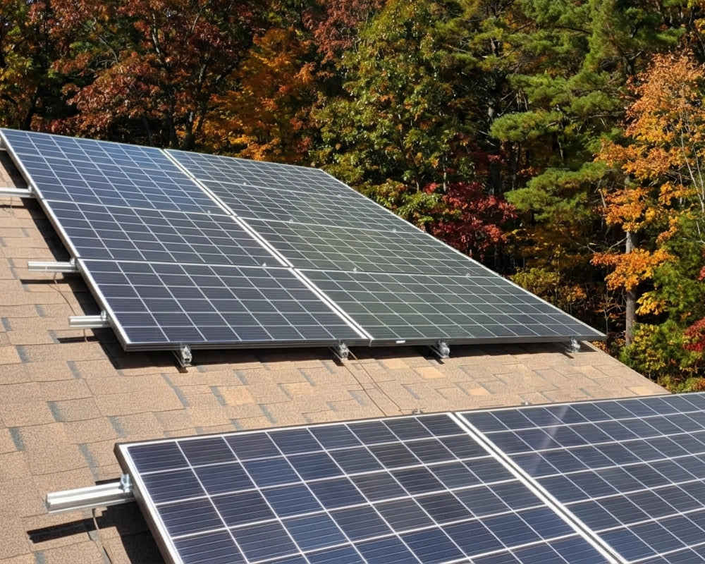 rooftop solar panel installation surrounded by autumn forest