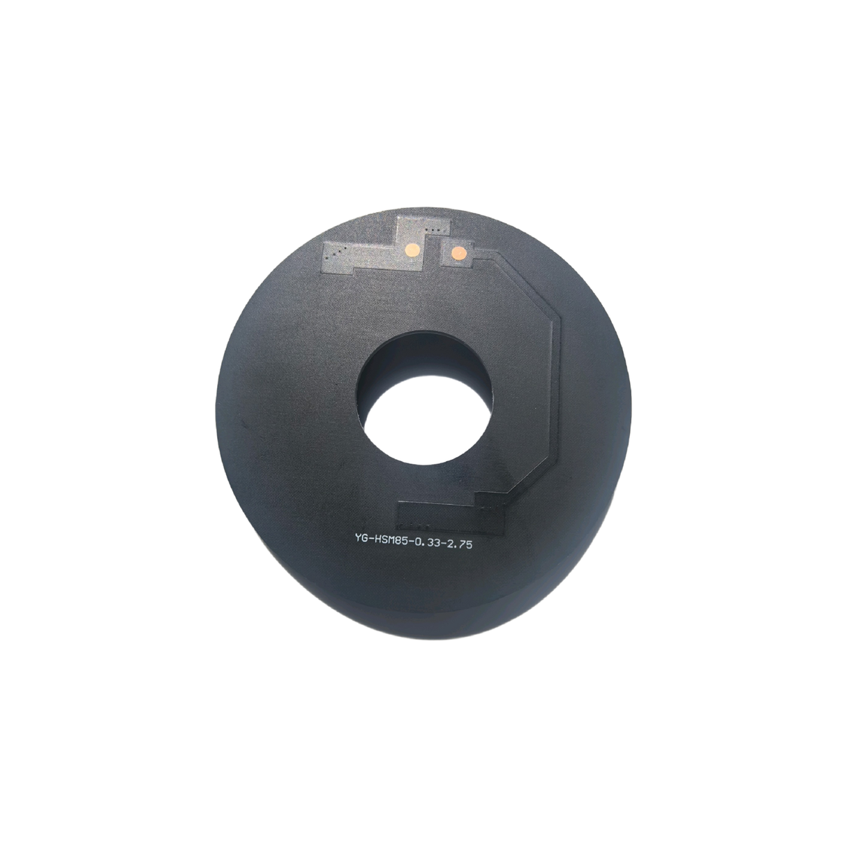 Back side of ring-style panel showing SMT PCB traces and two solder pads.