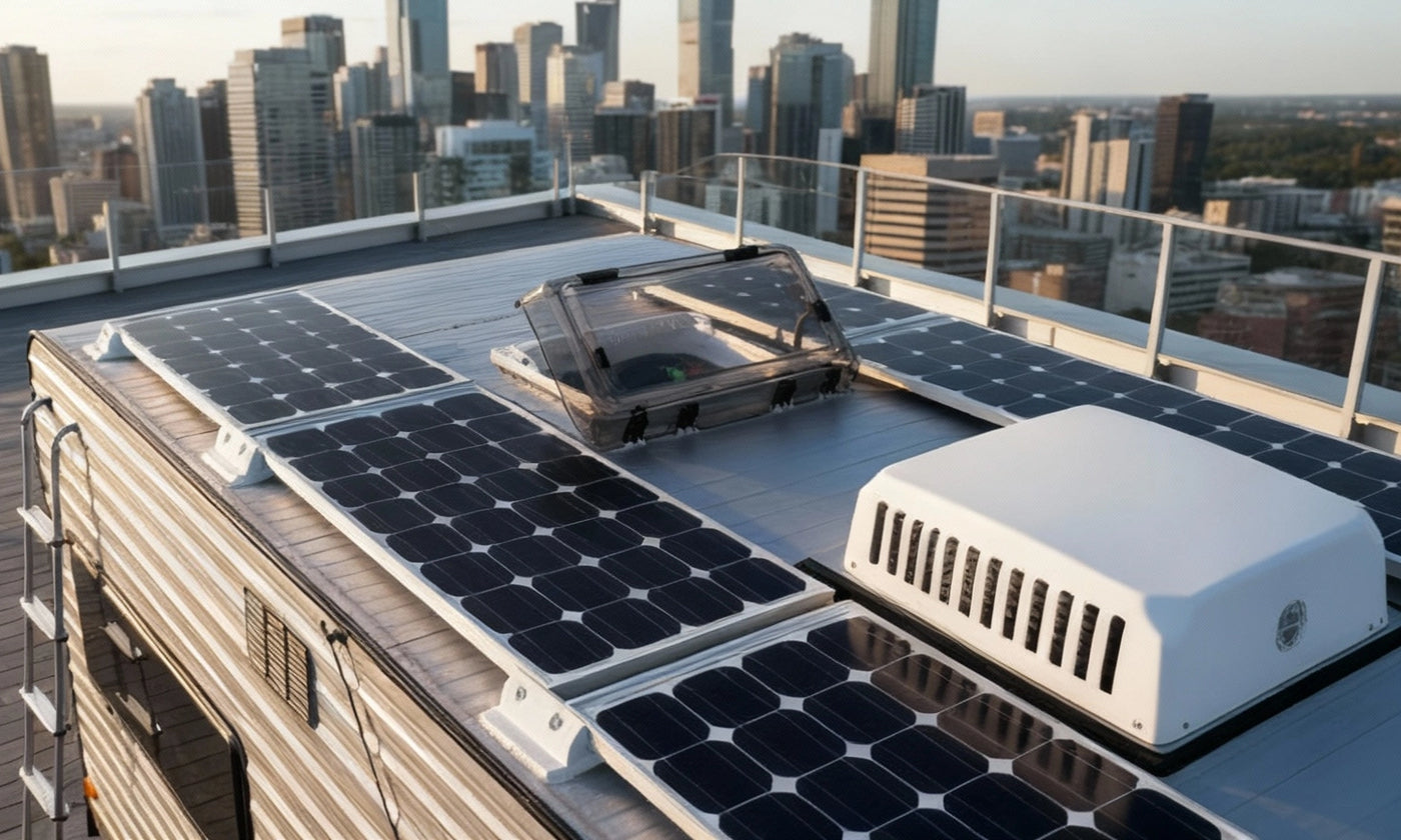 flexible solar panels installed on RV roof with city skyline background