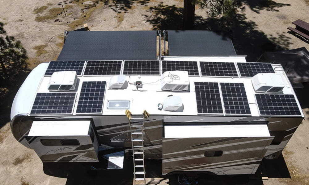 full roof solar panel installation on RV for maximum off grid energy