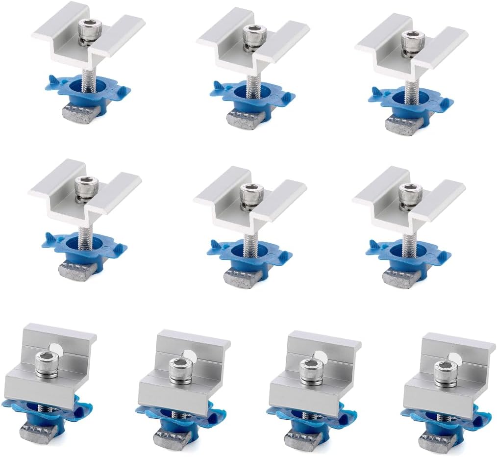 Six silver mid clamps and four end clamps with channel nut assemblies