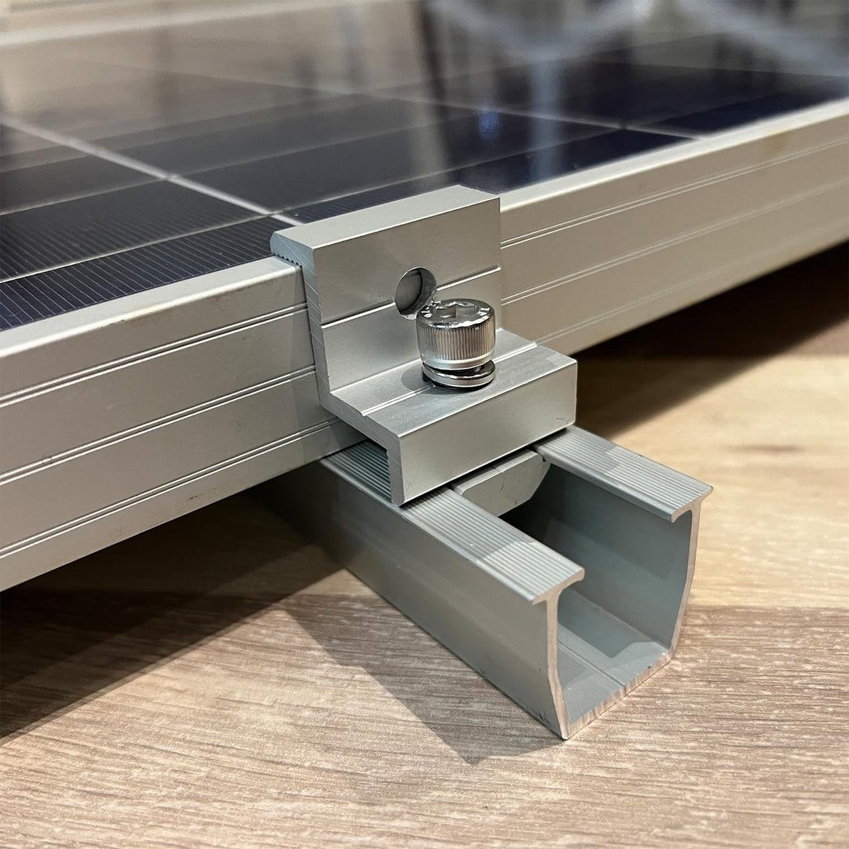 Silver mini rail solar panel mounting installation detail