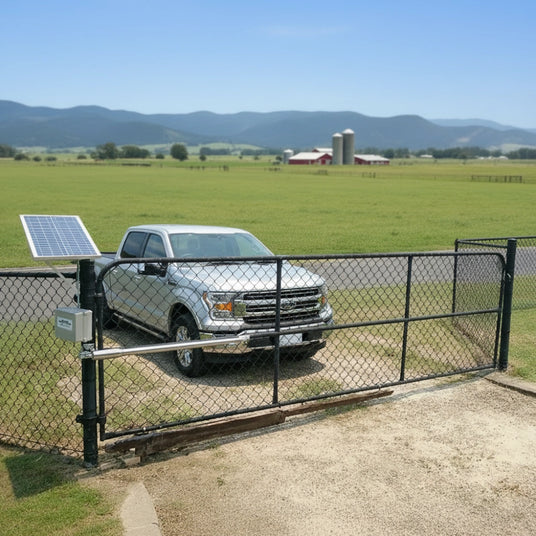 solar powered gate automation system at farm entrance