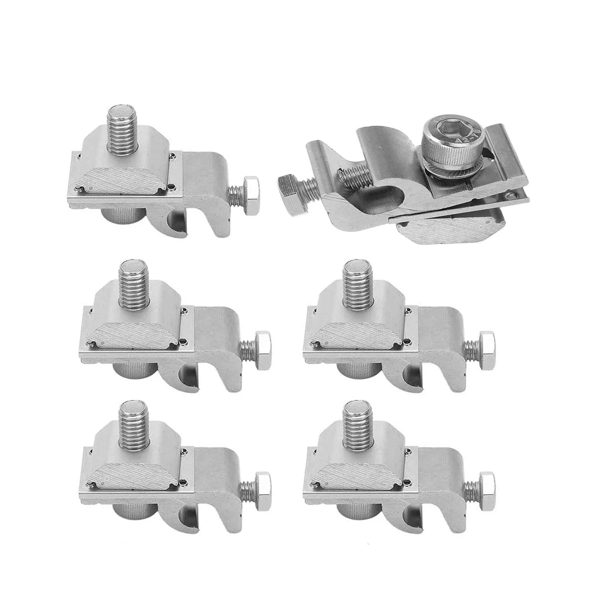 Six solar panel grounding lug clamp assemblies on a white background