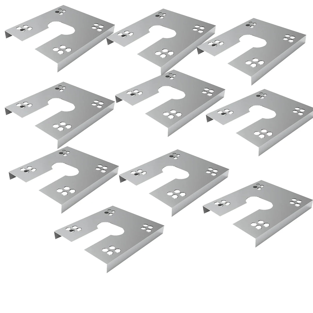 Ten solar panel grounding washer clips arranged on a white background