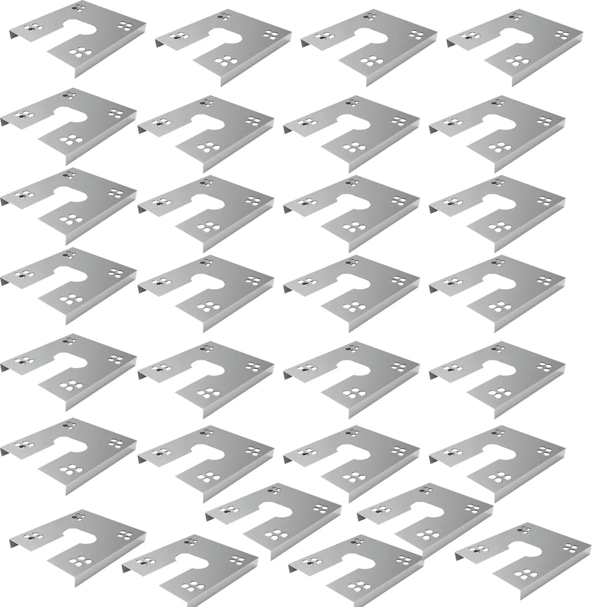 Thirty solar panel grounding washer clips arranged on a white background