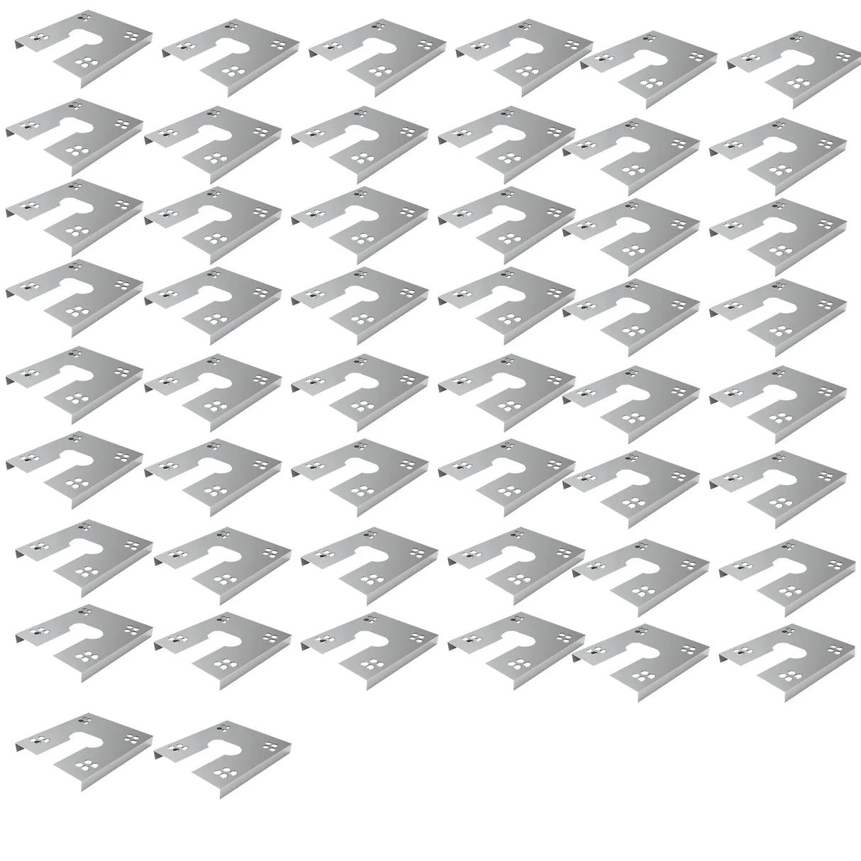 Fifty solar panel grounding washer clips arranged on a white background