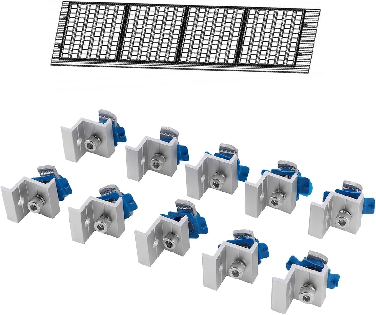 Ten silver solar panel end clamps for Unistrut mounting channels