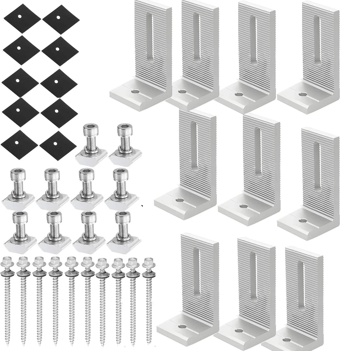 Ten aluminum solar panel L brackets with mounting pads, T-slot bolts, and roof screws