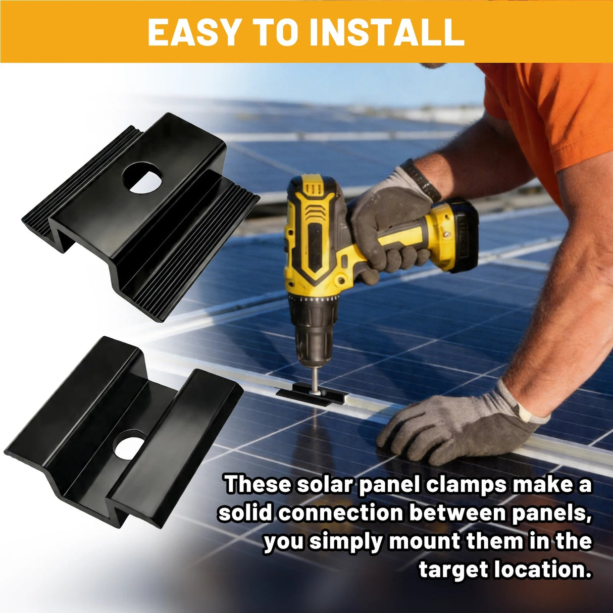 Installer fastening a black solar panel mid clamp between adjacent framed PV modules
