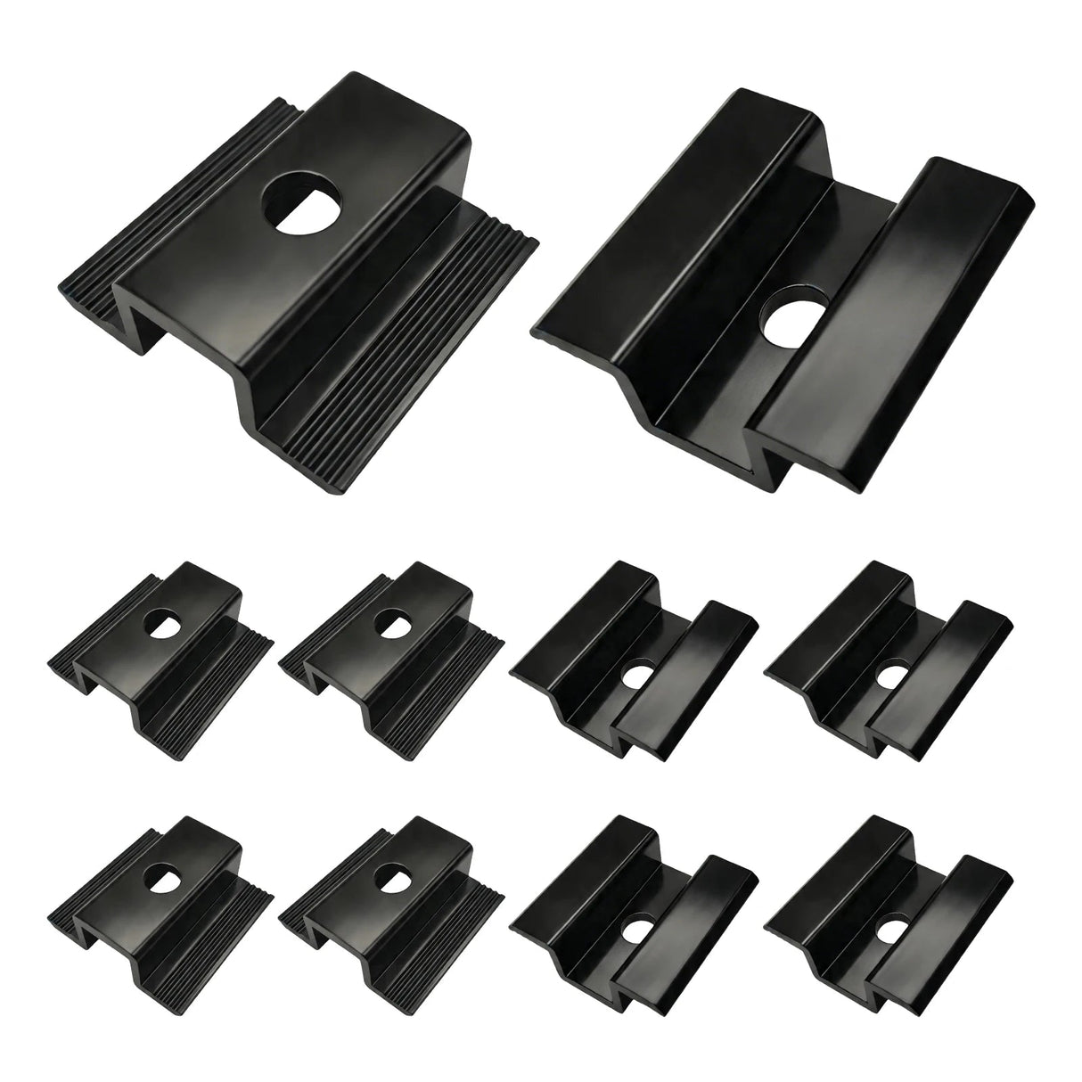 Black aluminum solar panel mid clamps shown from top and underside angles