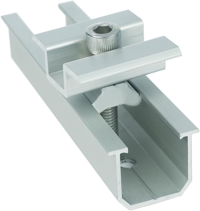 Close-up of an aluminum solar panel mid clamp mounted on a mini rail with a stainless steel bolt for framed PV module installation.