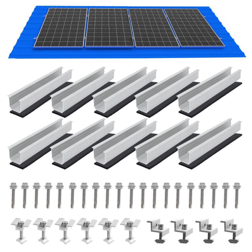 An overview of the solar panel mounting kit components for four panels, including 10 mini rails, 18 self-tapping screws, 4 end clamps, and 6 mid clamps, shown below a diagram of four panels installed on a roof.