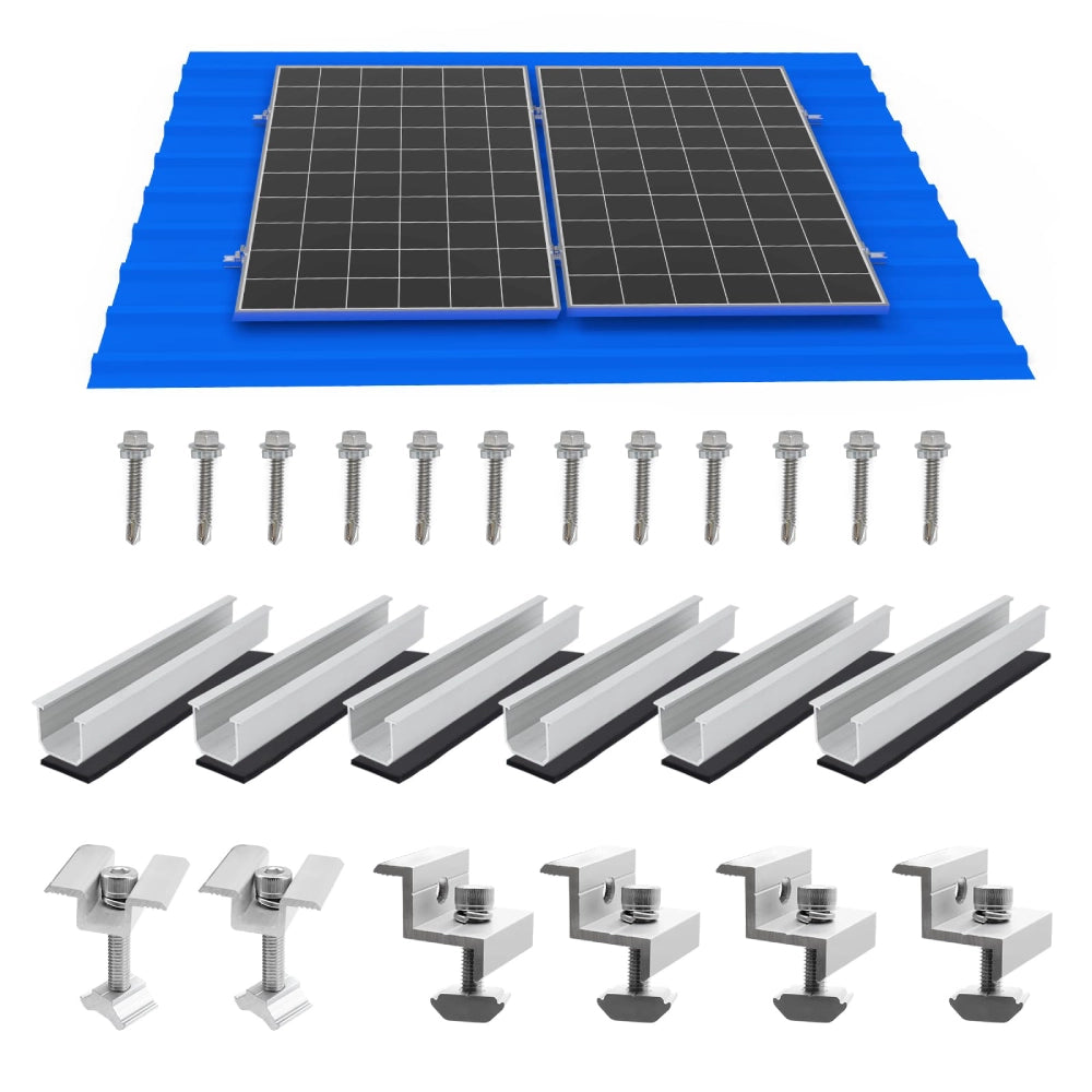 An overview of the solar panel mounting kit components for two panels, including 6 mini rails, 8 self-tapping screws, 4 end clamps, and 2 mid clamps, shown below a diagram of two panels installed on a roof.