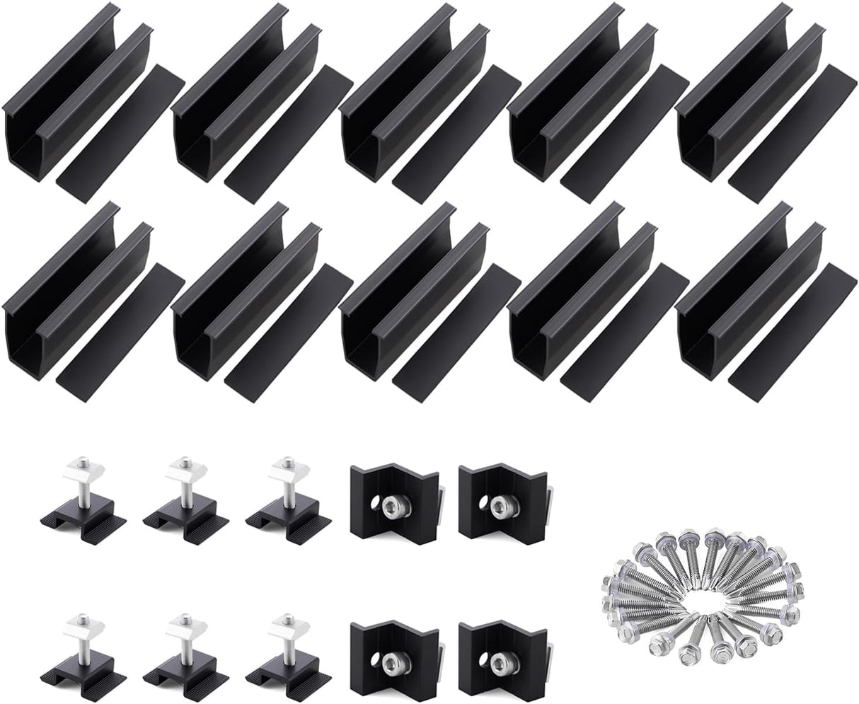 Black solar panel mounting brackets and mini rail kit for four panels