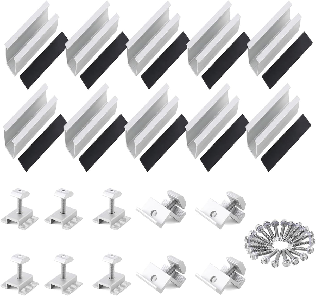Silver solar panel mounting brackets and mini rail kit for four panels