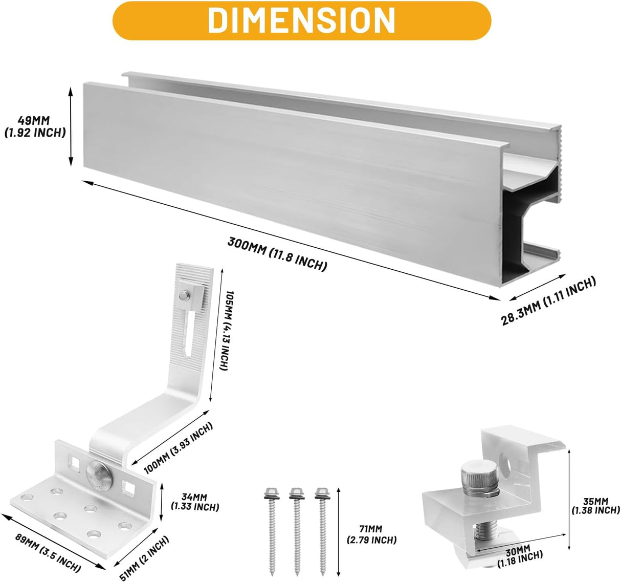 Solar panel mounting rail and roof hook hardware detail