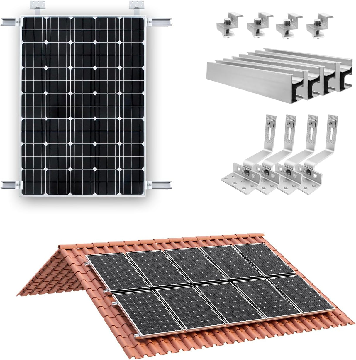 Solar panel roof mounting kit components laid out for tile roof installation