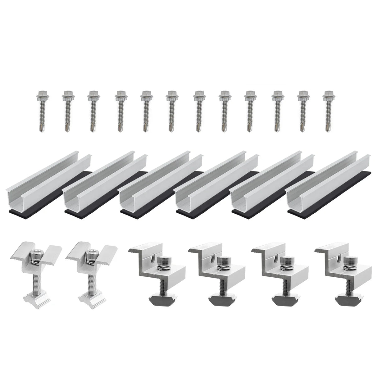 Four aluminum solar rails with mid clamps, end clamps, and fastening hardware