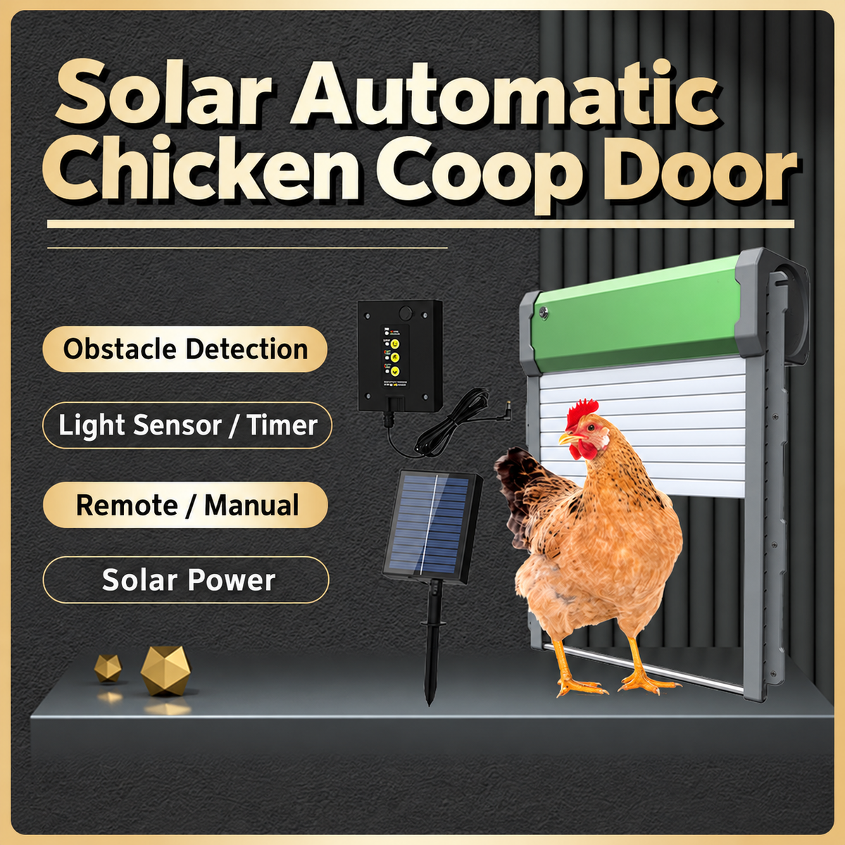 Green roll-up chicken coop door with external controller, solar panel and operating modes