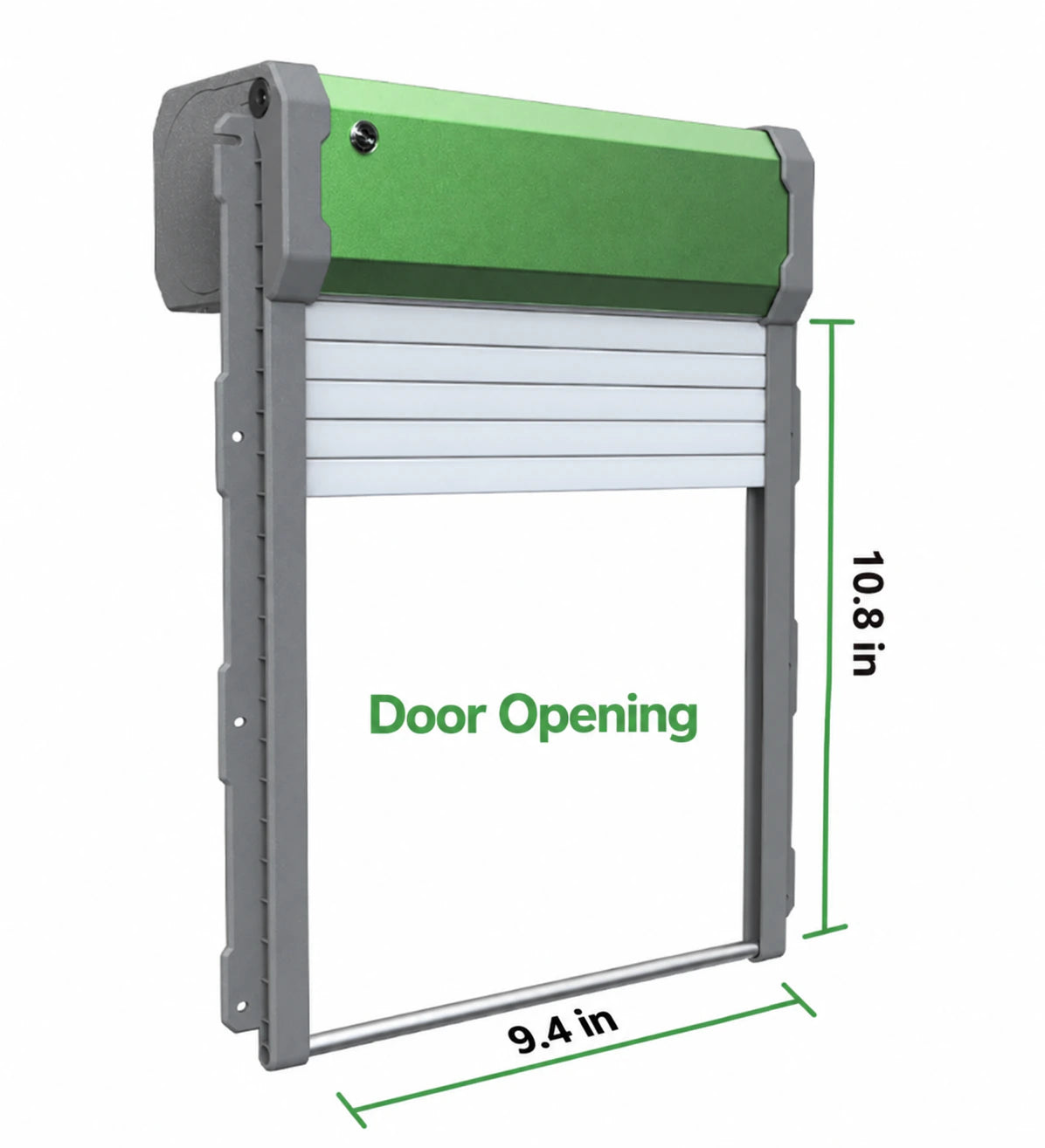 Green roll-up chicken coop door with a 9.4-inch wide and 10.8-inch high door opening