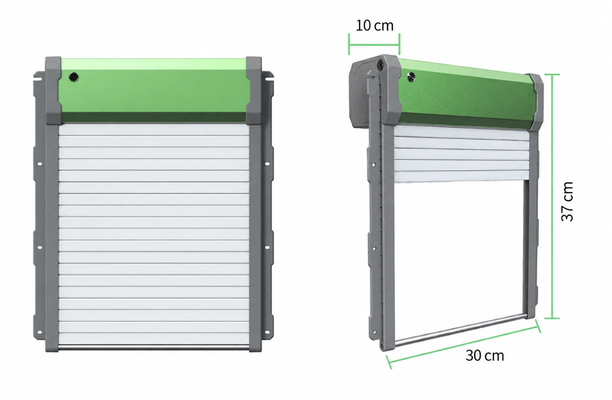 Green roll-up chicken coop door with overall dimensions of 37cm high, 30cm wide and 10cm deep