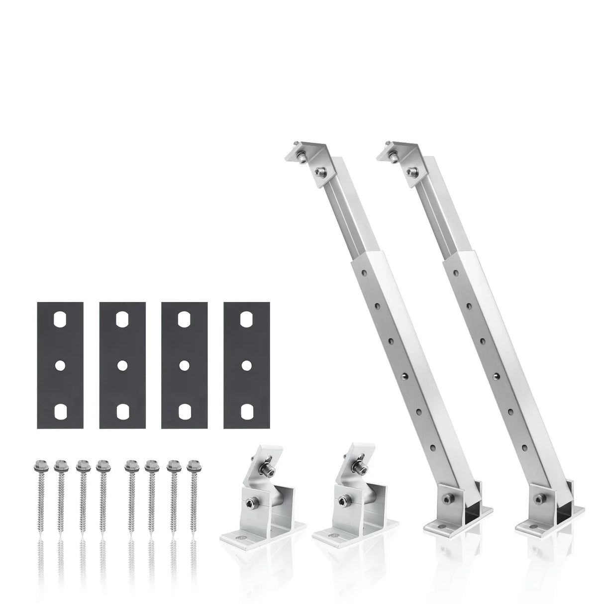 Solar tilt mount support legs, front feet, base plates, and fastening hardware