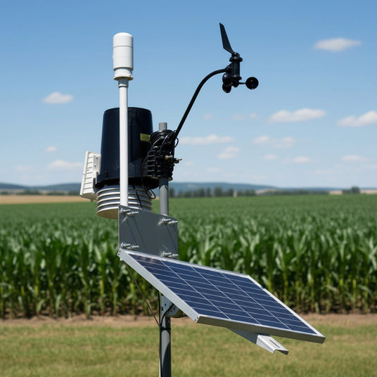 solar powered agricultural weather station in crop field