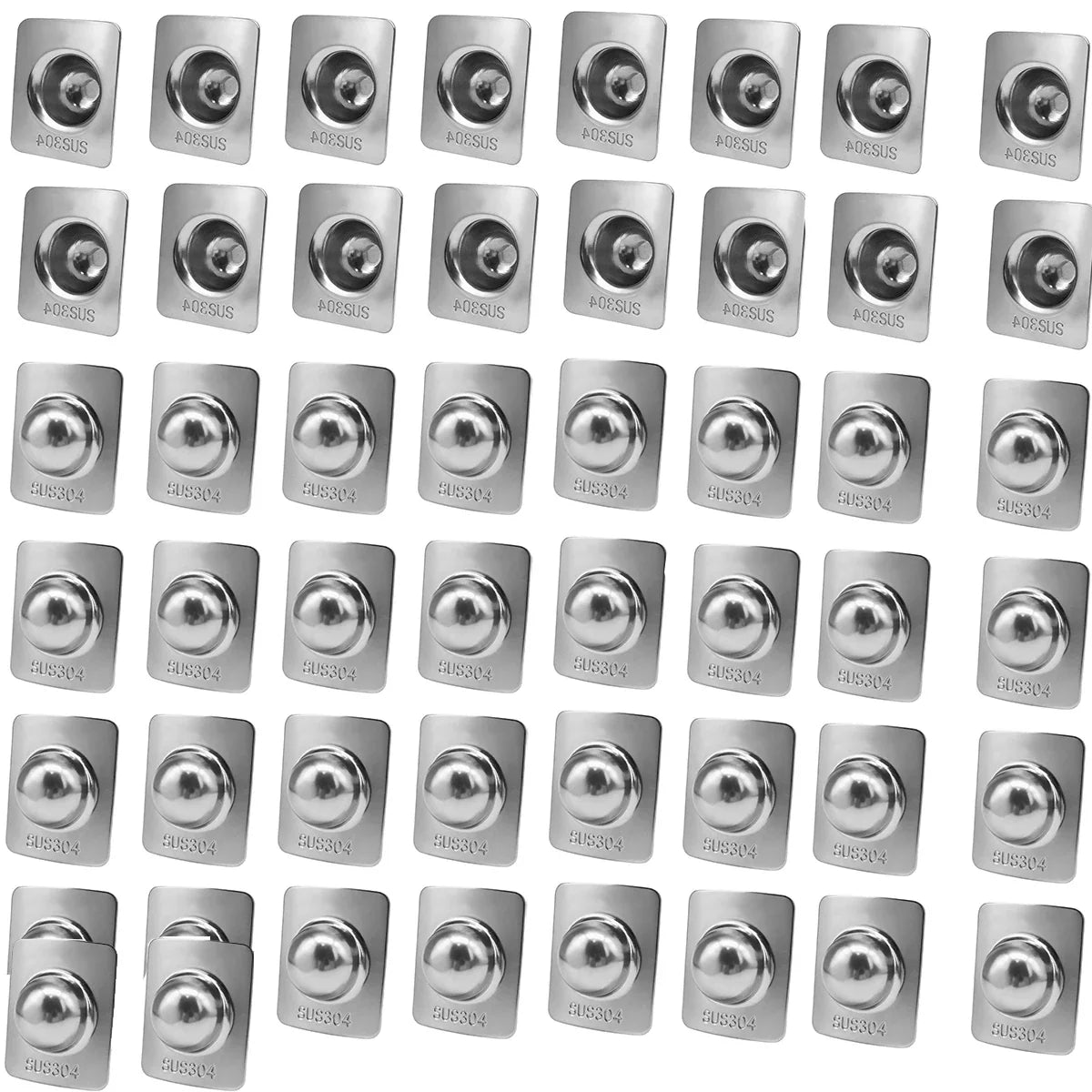 Fifty stainless steel dome bolt caps arranged on a white background