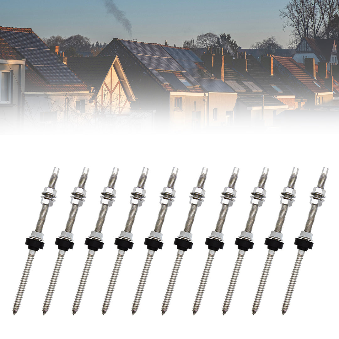 Ten SUS304 200 mm solar hanger bolts with EPDM seals for fastening solar mounting rails on roof structures.