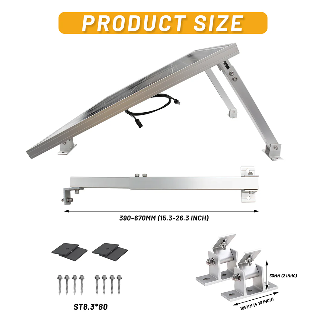 Product size graphic with leg length range, included screws, pads, and base hinges.