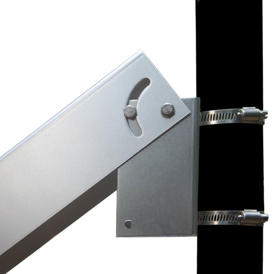 Close-up of tilt slot and fasteners on the pole mount bracket.