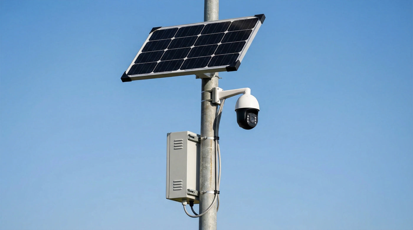 Upgraded small solar power kit with pole-mounted panel and battery for a solar security camera not charging fix