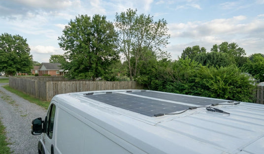 flexible solar panels installed on van roof for mobile off grid charging