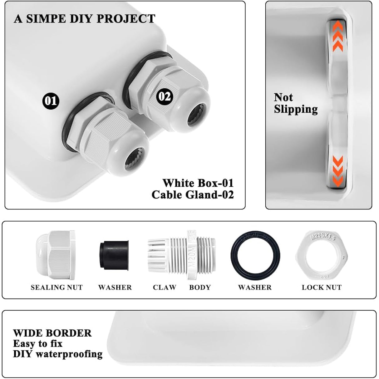 White solar cable entry gland kit contents and seal detail
