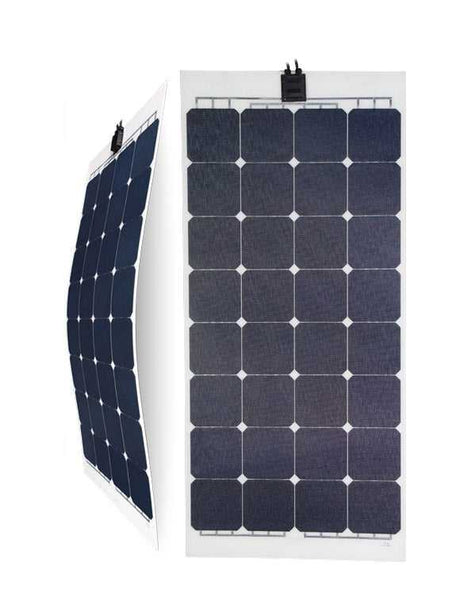 Listed 100W flexible solar module shown flat and curved on a white background