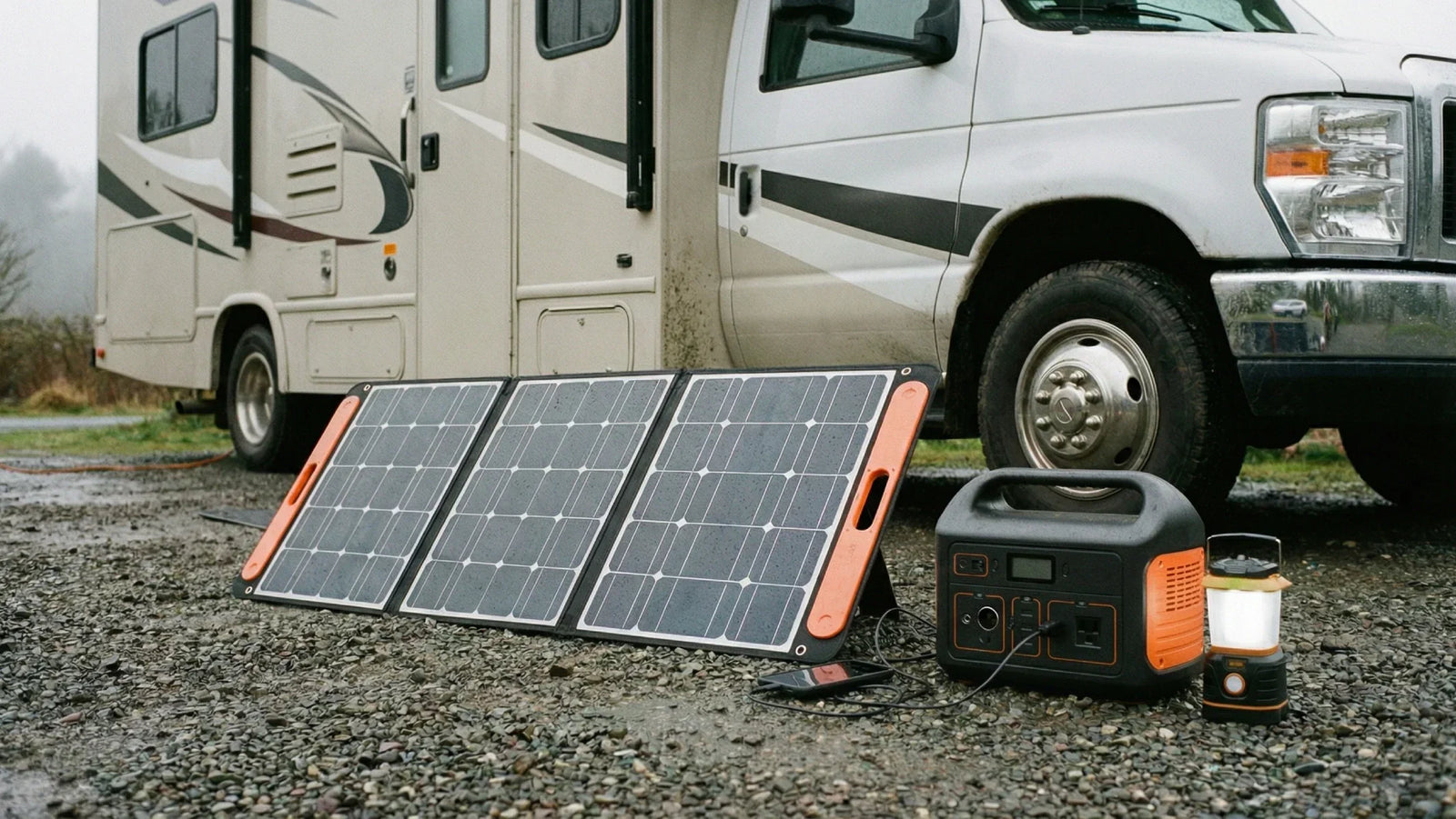 100 watt solar panel powering small devices in a portable setup